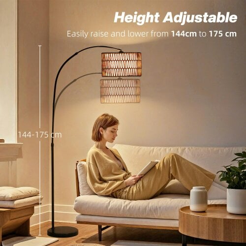 Wyld Haus Limo Natural Rattan Black Metal Adjustable Floor Lamp With Dual Layer Shade