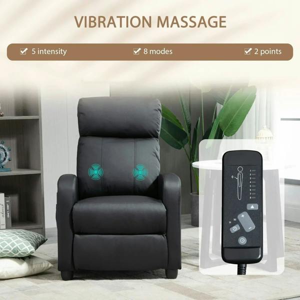 Black massage recliner armchair with vibration massage controls on the backrest