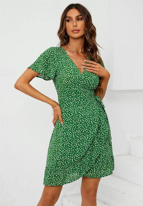 FS Collection Floral Print Mini Wrap Dress In Green