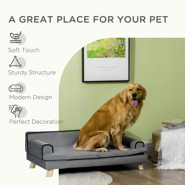 Grey dog sofa with armrests and padded cushion, golden retriever resting
