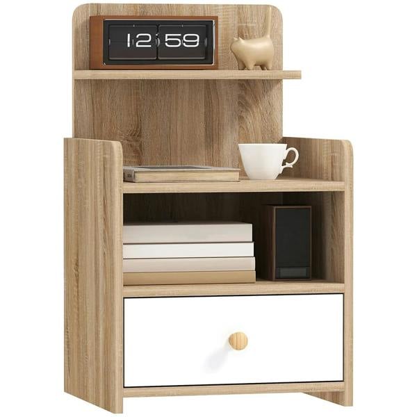 Wood-effect bedside table with drawer and open cubby storage shelves
