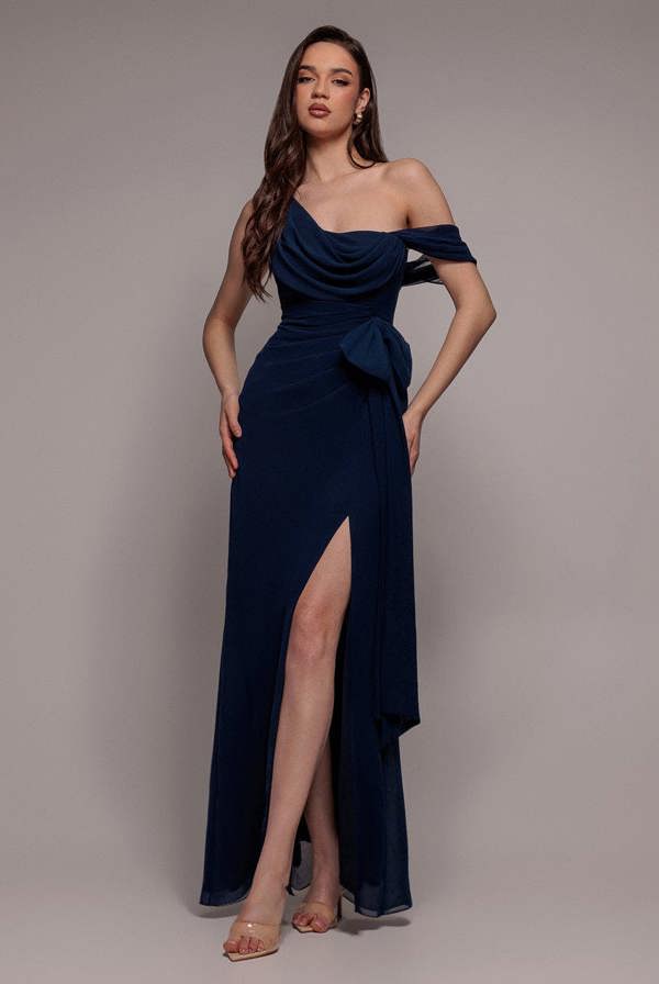One Shoulder Cowl With Bow Detail Maxi Dress - Navy Blue DR4606