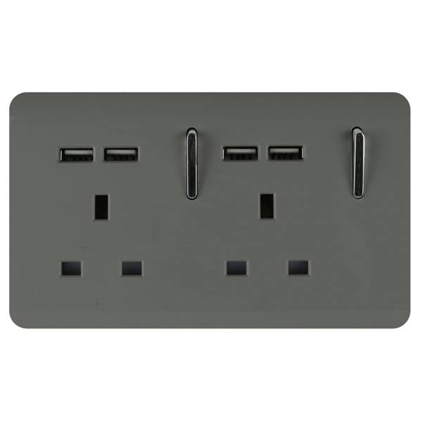 Trendi Switch 2 Gang 4 Port USB 2100mA Plug Socket in Charcoal Grey