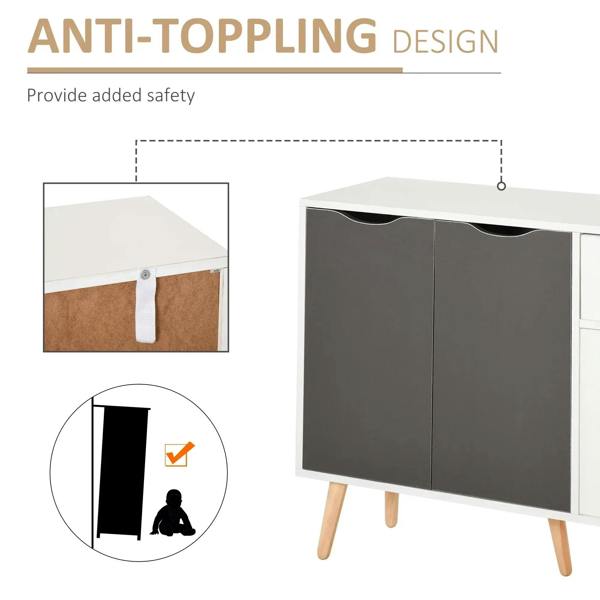 Grey sideboard cabinet with two doors and two drawers and anti-toppling bracket view