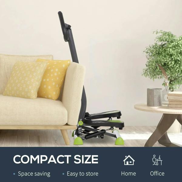 Grey compact stepper machine with curved handlebar and non-slip base shown indoors