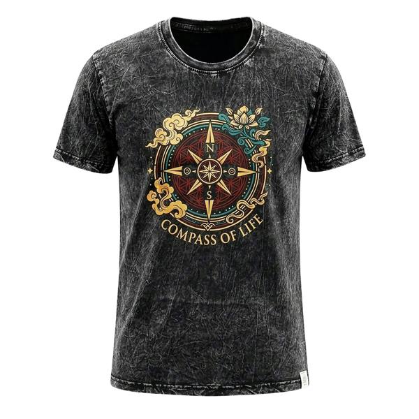 Charcoal stonewashed cotton T-shirt with centered Compass of Life graphic on front