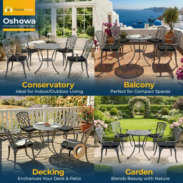 Homeology OSHOWA Luxurious Garden and Patio Table and 4 Large Chairs with Armrests Cast Aluminium Bistro Set - Grey with Black Cushions