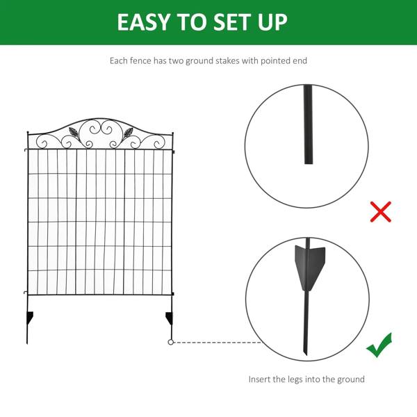Black metal fence panel with two ground stakes, pointed ends for easy setup