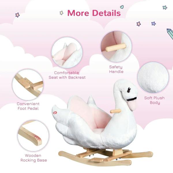 White plush swan rocking ride-on with pink seat, backrest, and wooden safety handle