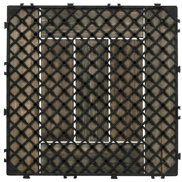 Charcoal grey interlocking decking tile underside with grid base and mounting tabs