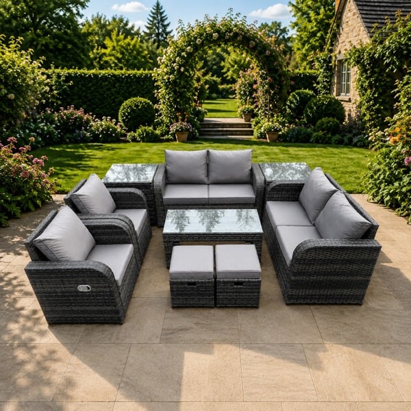 Fimous Wicker PE Rattan Sofa Set 10 Seater Outdoor Patio Garden Furniture Set with 2 Reclining Chairs Coffee Table 2 Side Tables 2 Small Footstools