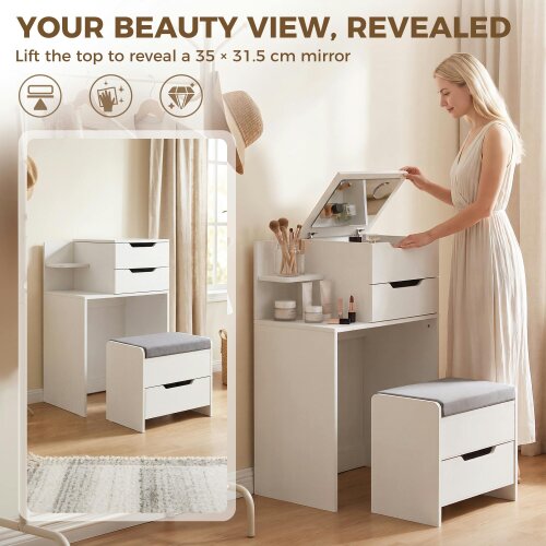 HOMCOM Vanity Desk Hidden Mirror Rolling Stool, White Wood Effect