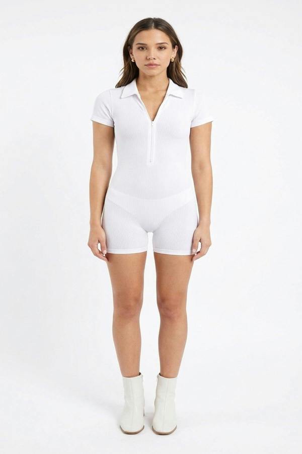 Milena Rib Knit Zip Front Short Sleeve Playsuit - White
