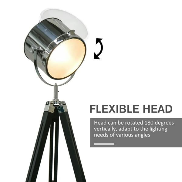Rotating chrome spotlight head on black tripod base; flexible head view