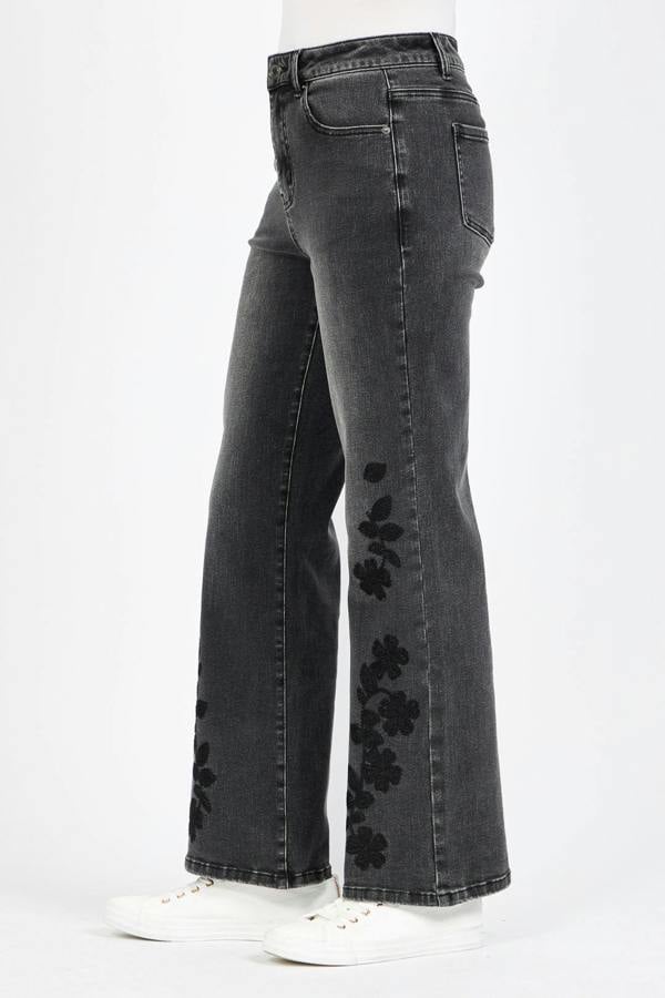 Mudflower Embroidered Floral Wash Black Wide Leg Jeans