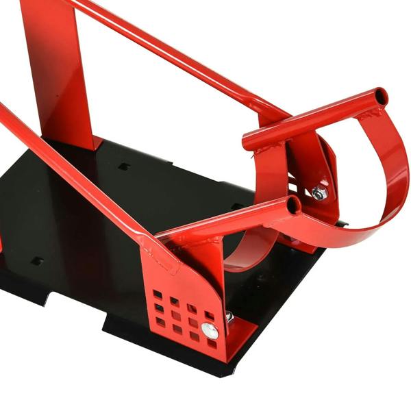 Red metal wheel chock with curved wheel retainer and black base; side panel holes