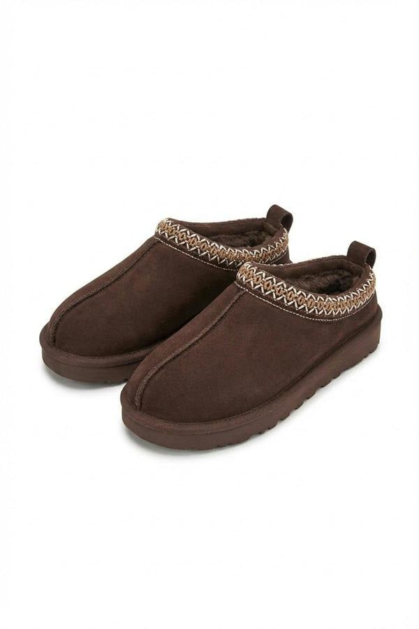 Ravina Chunky Slip On Suede Slippers With Stitch Detail - Brown_wb