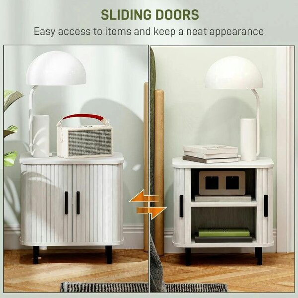 Nightstand with Sliding Doors and Metal Legs White Wood Effect