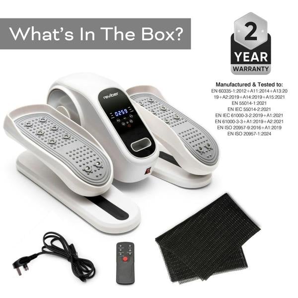 What's In The Box? The Reviber Motorised Mini Elliptical Bike by Reviber includes a digital display, remote control, power cord, black floor mats, and 2 Year Warranty. Ideal for low-impact leg exercise while seated.