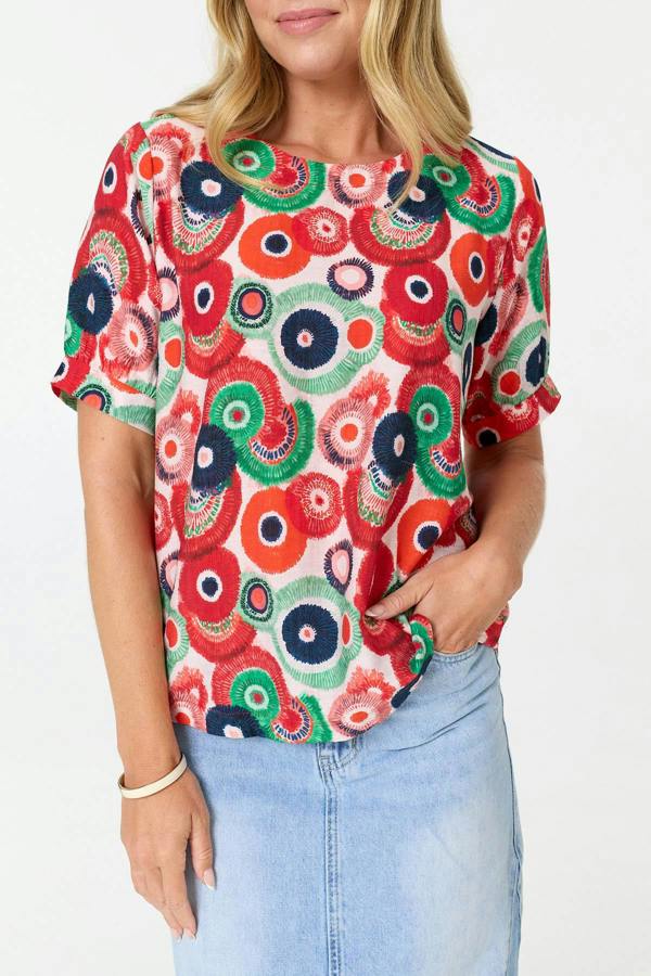 White | Abstract Short Sleeve Relaxed Blouse Top
