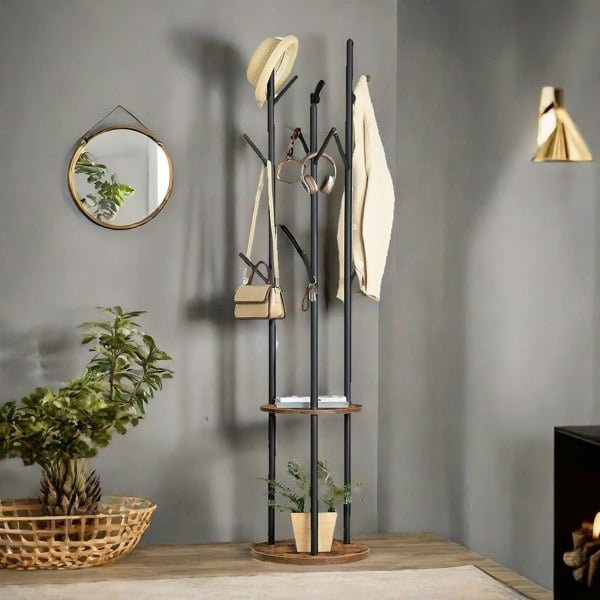 Rafaelo Mobilia Industrial Rustic Coat Stand With 2 Shelves