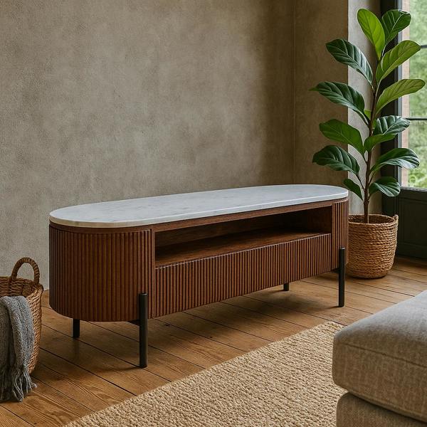 Wyld Haus Alabama Marble Top and Ribbed Mango Wood TV Unit With Drawers