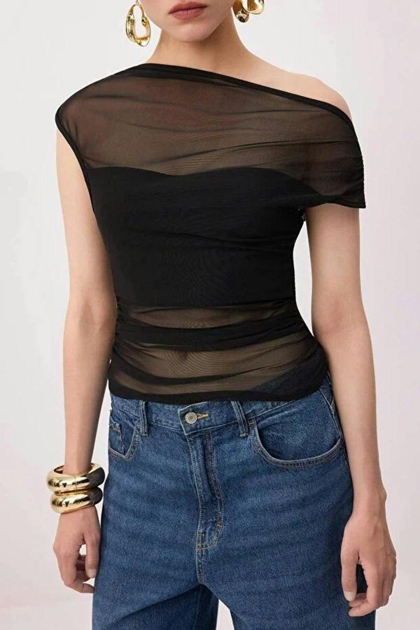 WOVCOR Lined Carmen Neck Knitted Tulle Party Blouse