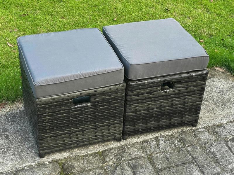 Fimous 7 PCS Outdoor Lounge Sofa Set, Wicker PE Rattan, Dining Table, Love Seat Sofa, Side Table and 2 Small Footstools, Dark Grey Mixed