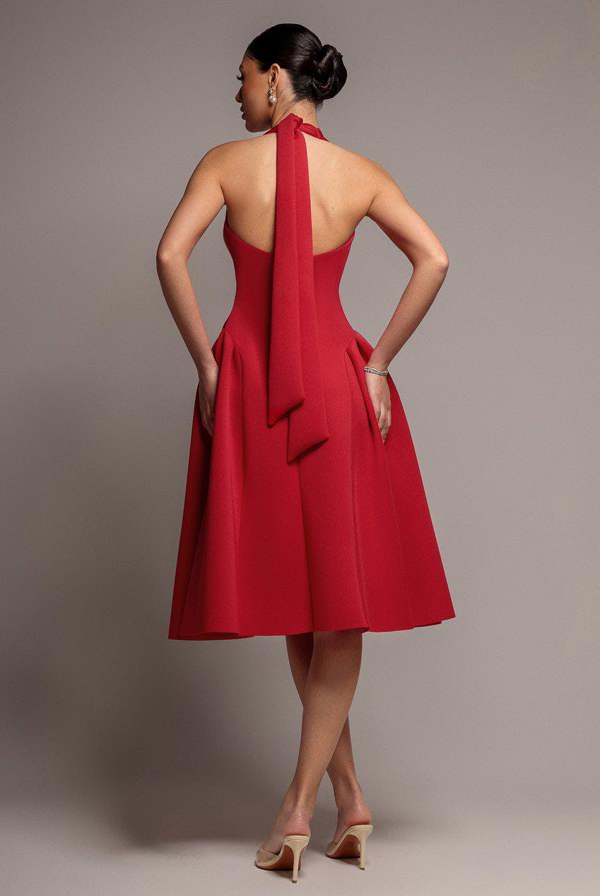 Corset Fit And Flare Halter Neck Midi Dress - Red DR5134
