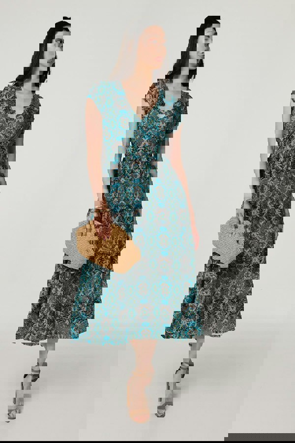 Green | Printed V-Neck Cap Sleeve Midi Dress