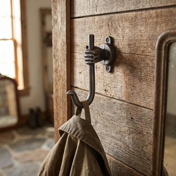 Close-up of vintage cast iron hand-shaped hook mounted on rustic wooden wall with a wax jacket hanging, highlighting detailed craftsmanship and antique charm.