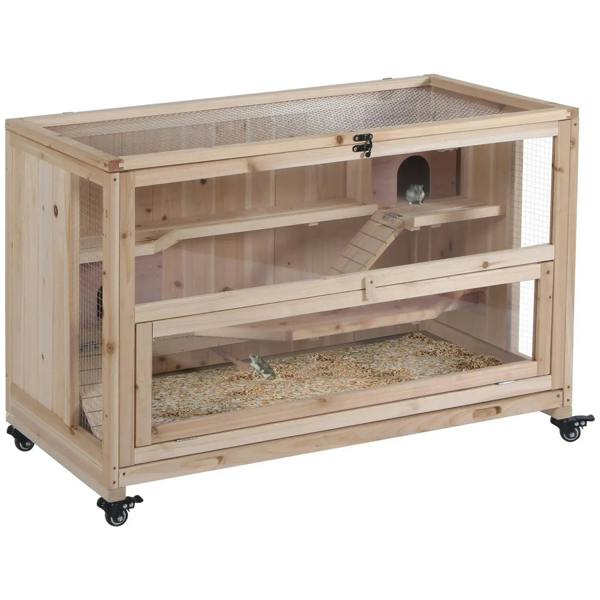 Natural wood 3-tier hamster cage with wire sides, interior ramps, and rolling wheels