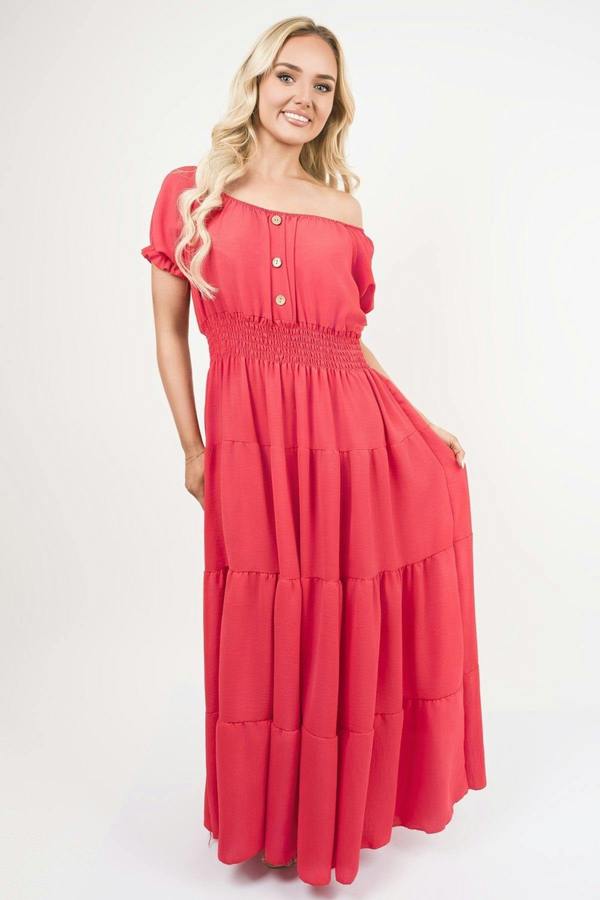 Emmy Smocked Waist Tiered Midi Dress - Red