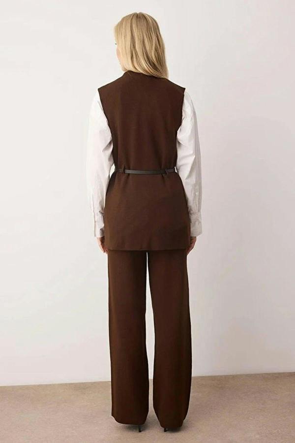 WOVCOR 2-Piece Gold Button & Leather Belt Detail Knit Top and Bottom Set