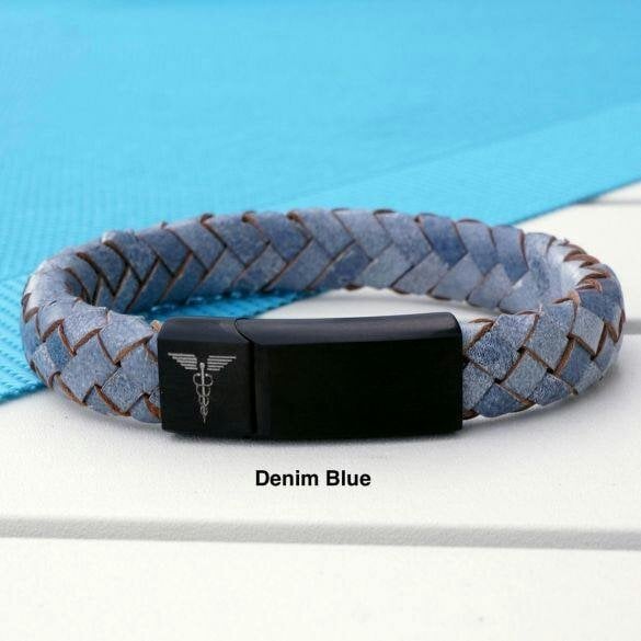 Christopher James of London Unisex Leather and Stainless Steel Medic Bracelet with Free Engraving - Denim Blue