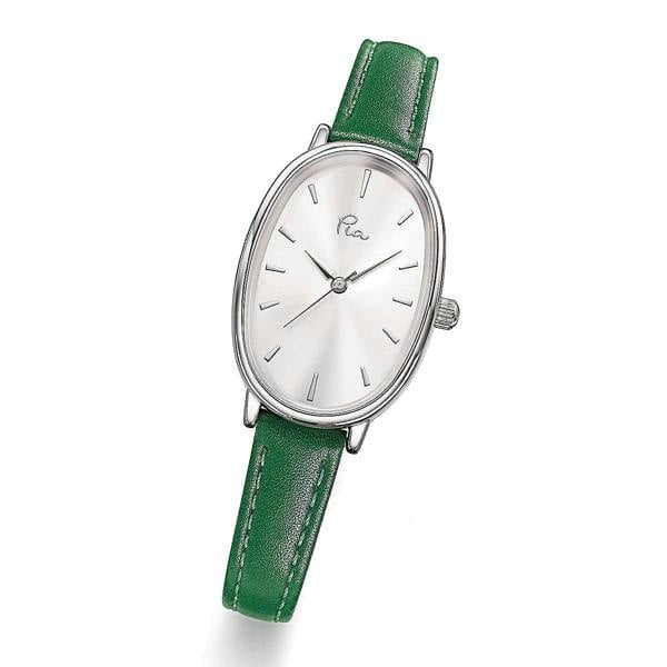Pia In Allegro Green Watch, Oval Silver-Tone Case with Green Leather Strap