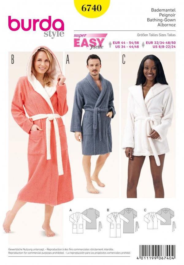 Burda Sewing Pattern 6740 Robes and Pyjamas For Men and Women, XS-XL - Beginner, Easy