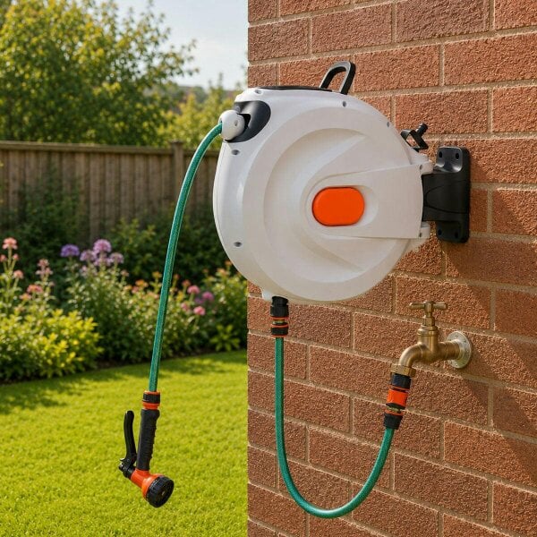 Neo Direct 30m Retractable Garden Hose Reel Wall Mounted 180° Swivel Bracket 8 Spray