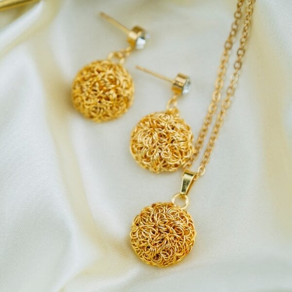 The Colourful Aura Gold Round Wire Wrapped Statement Corded Dangle Drop Handmade Earrings