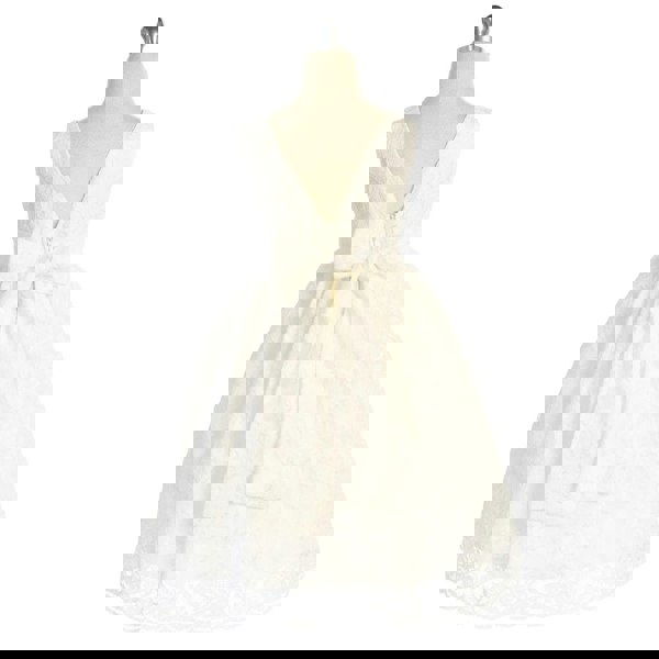 Rear back of Belle white dress with pretty v detail