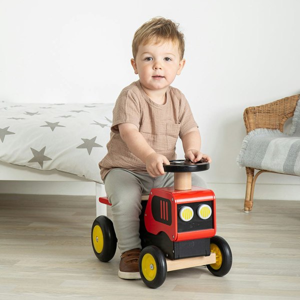 Bigjigs Toys Wooden Ride On Red Tractor - Squeaky Horn & Moveable Gear Stick