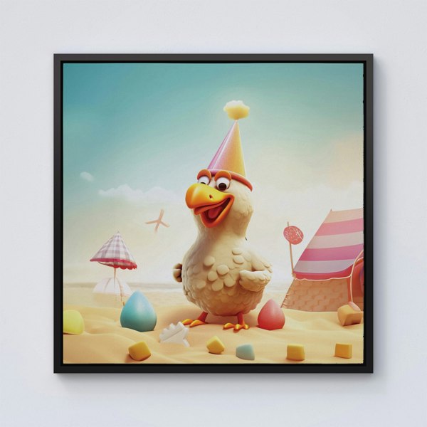 Warren Reed Funky Chicken On A Beach Holiday Framed Canvas