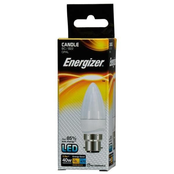 Energizer LED Candle 470lm Opal 5.9w Light Bulb B22 2700k - White - 