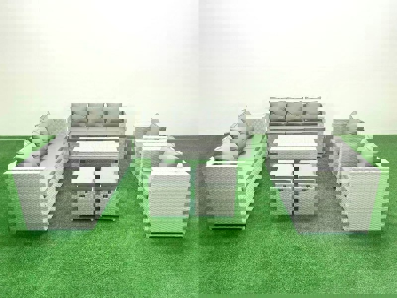 Fimous Outdoor Garden Furniture Rattan Sofa Set with 2 Armchairs Oblong Coffee Table 2 Small Footstools Light Grey Mixed