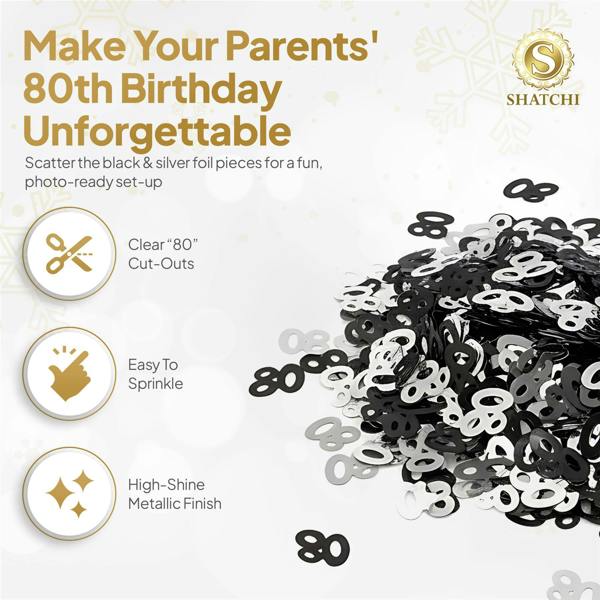80th Birthday Black & Silver Metallic Confetti Range, Foil Table Decoration Set image 3