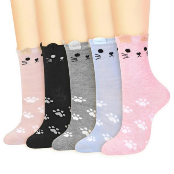 Dyzi 5 Pack Cat Animal Pattern Ankle Socks Women's UK 4-7
