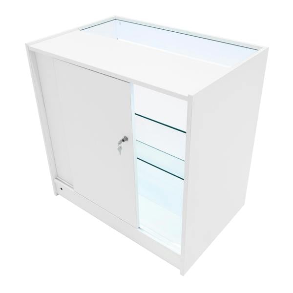 Astro LED Shop Counter Set in white features sleek design, glass shelves, and a secure sliding door for stylish display storage