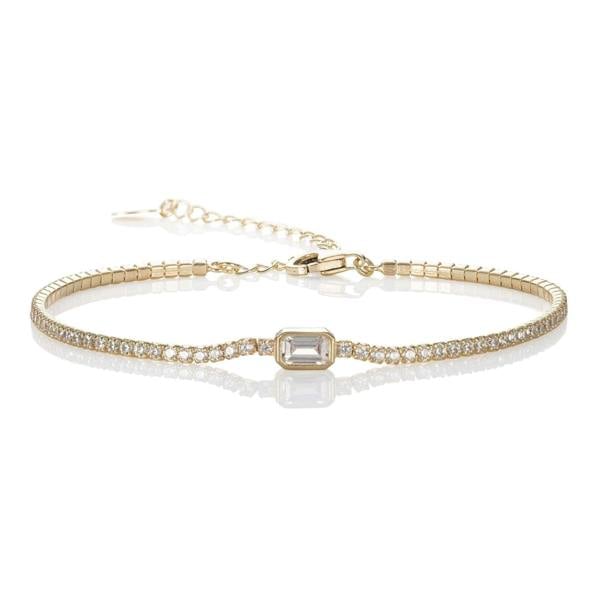 Gold Plated Skinny Tennis Bracelet with a Baguette Stone - namana.london