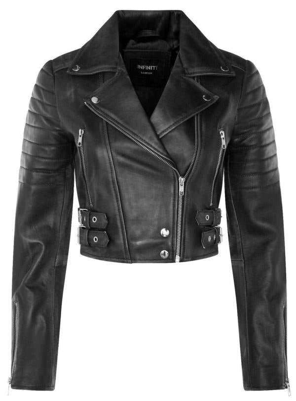 Womens Brando Cropped Leather Jacket-Longtown - Upperclass Fashions 