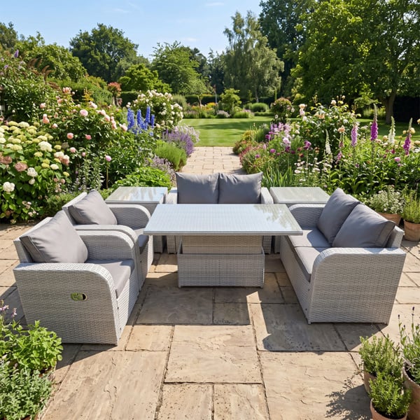 Fimous 6 Seater Light Grey Outdoor Rattan Sofa Set with Adjustable Coffee/Dining Table, 2 Reclining Chairs & 2 Side Tables - Light Grey